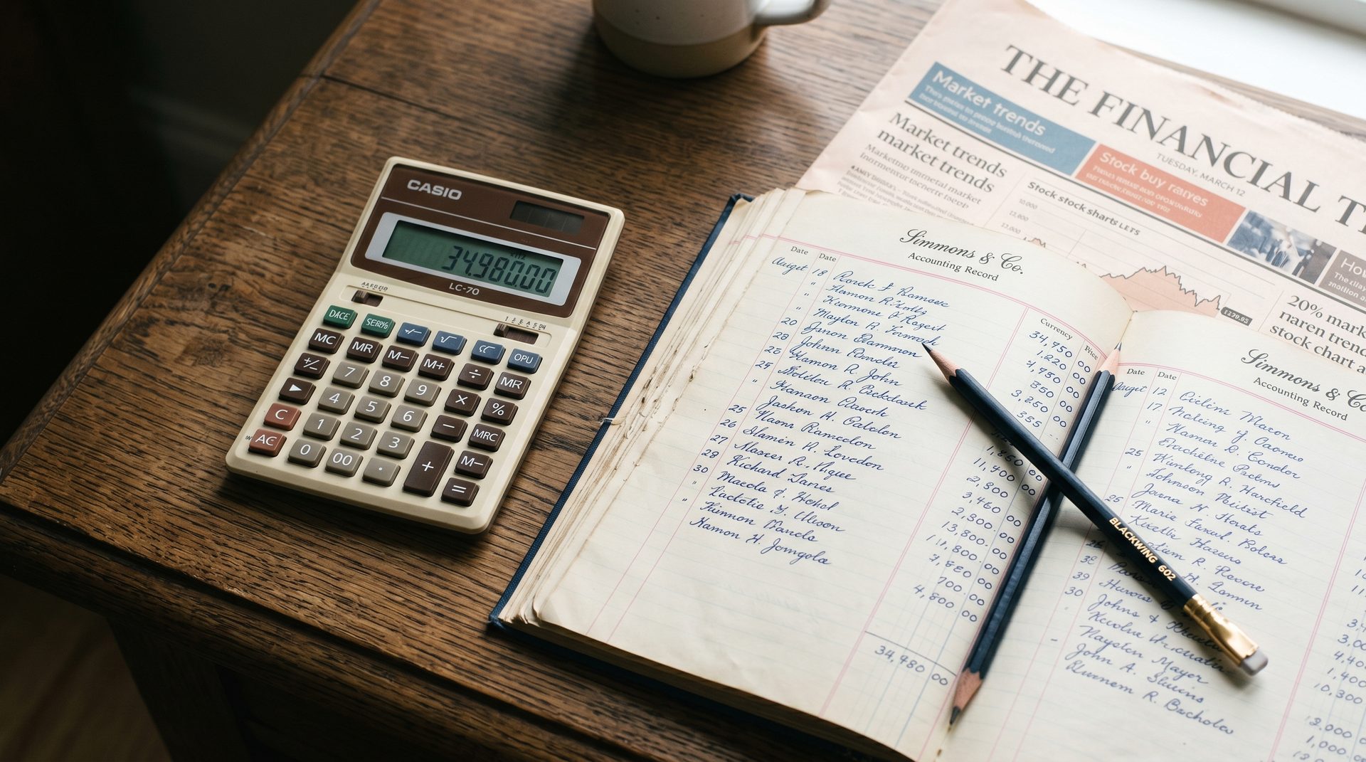 A vintage Casio desktop calculator, a folded Financial Times, a cream leather ledger with handwritten figures, and pencils on a warm oak desk