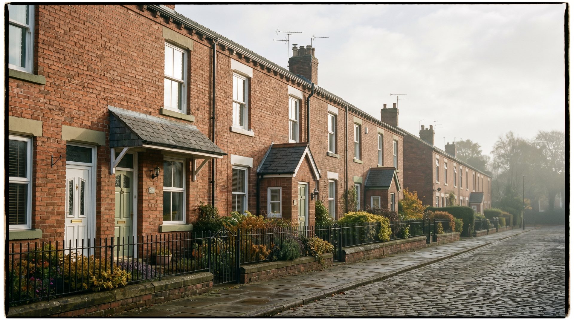 A row of red-brick Victorian terraced houses on a cobbled English street in autumn morning mist