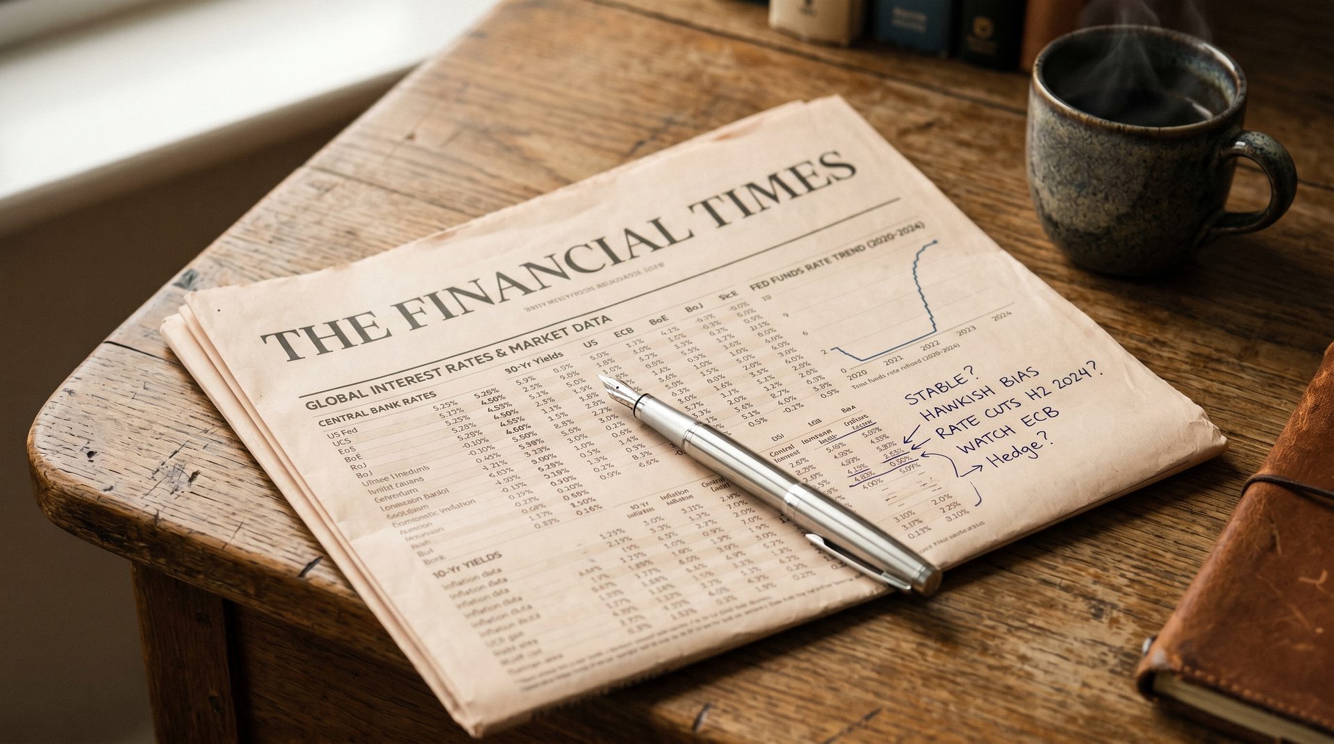 A folded broadsheet financial newspaper showing an interest-rate data table, with a silver fountain pen and hand-written blue-ink annotations, on a warm oak desk