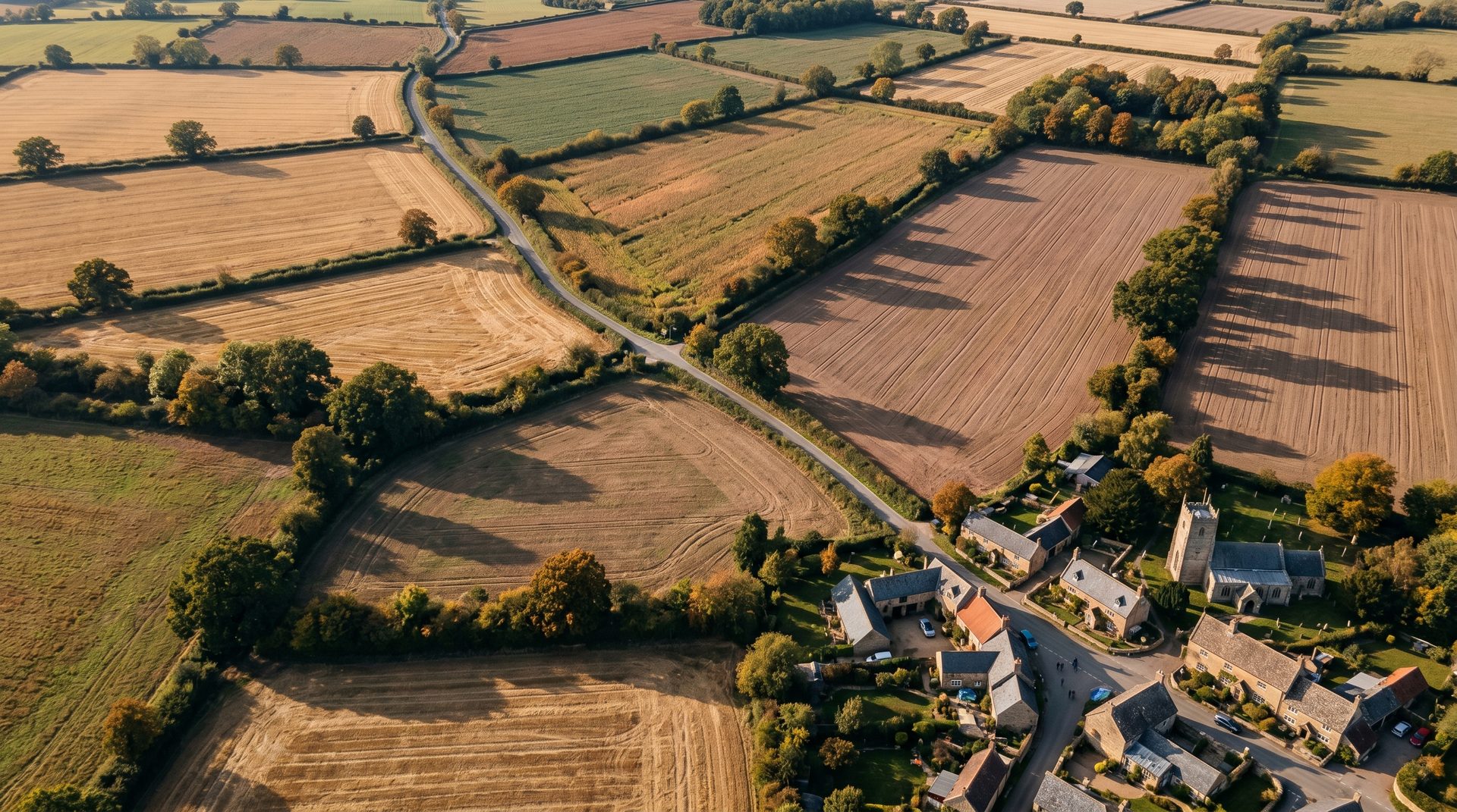 An aerial drone photograph of English countryside in autumn: a patchwork of golden harvested fields divided by dark hedgerows, with a small stone village in the lower right