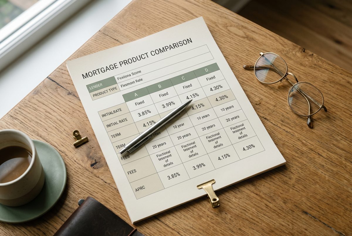 Broker reviewing a mortgage application on a laptop with clients seated opposite