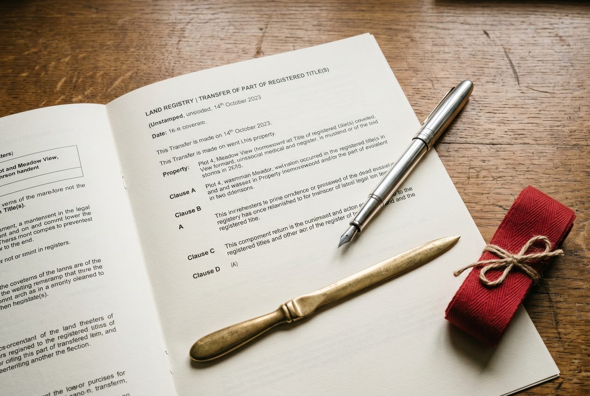 Conveyancer with property deeds, contracts and a laptop timeline