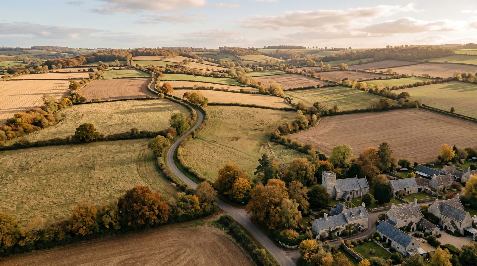 Aerial view of UK rural countryside showing houses and farmland