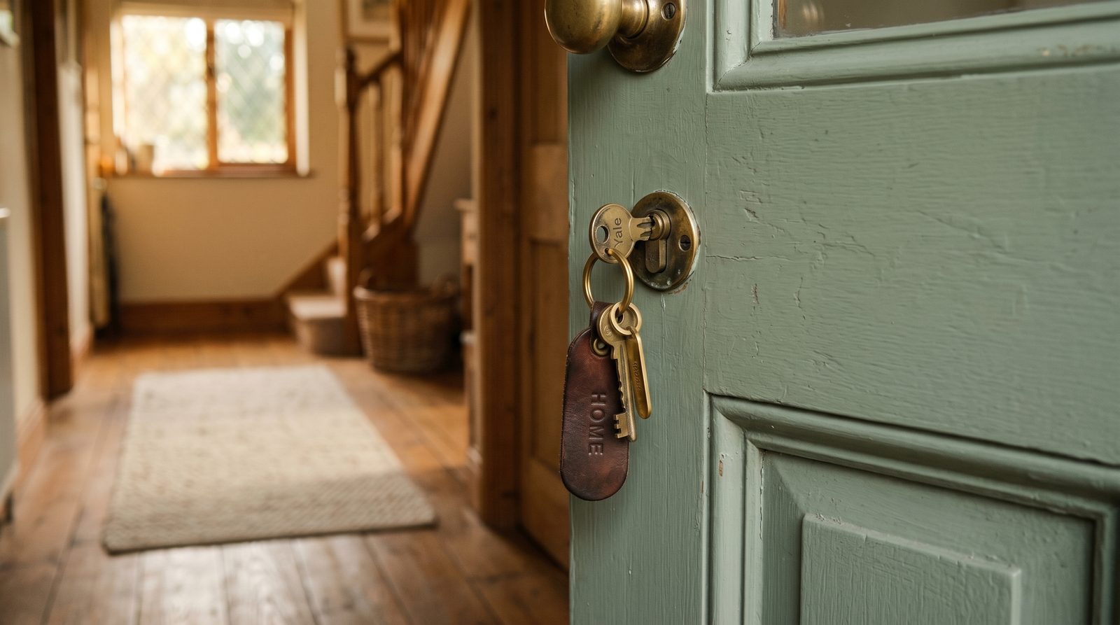 House keys in a freshly painted front door on completion day